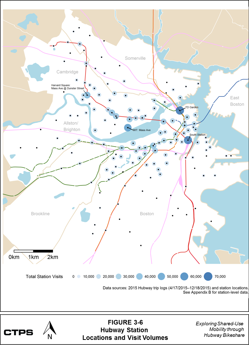 FIGURE 3-6: Hubway Station Location and Visit Volumes: This map shows the locations of Hubway stations and classifies them by visit volumes for the period from April 17, 2015 to December 18, 2015.